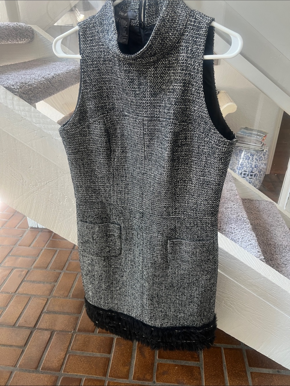 Per Se Black and Gray Tweed Sleeveless Shift Dress with Feather Trim